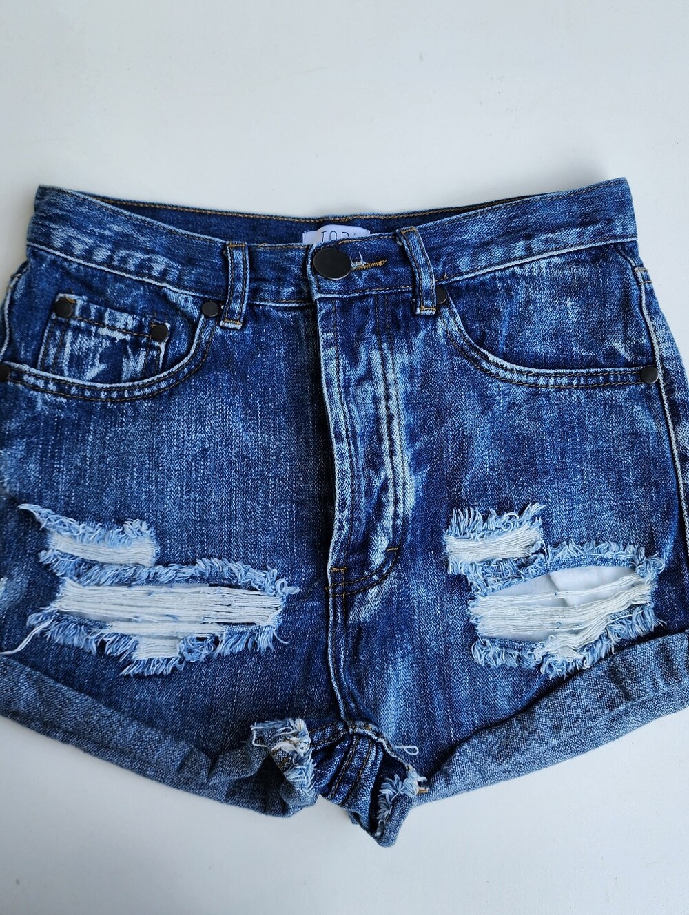 TOBI Shorts High Waisted Distressed Rolled Hem Button Fly Pockets Blue Sz 26